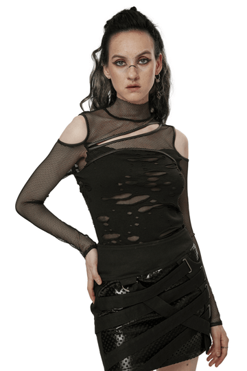 Asymmetrical Punk Mesh Layered Top with Hollowed Shoulders